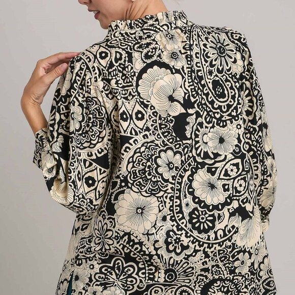 Umgee Tunic Top Women's Size L Mixed Floral Print Hi Low Hem Boho Chic Feminine - Picture 13 of 16